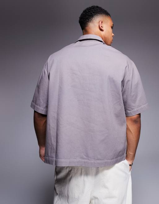 ASOS DESIGN - Oversized overhemd zonder sluiting van katoenen keperstof in grijs, 2 van 4