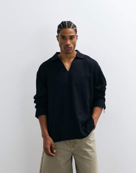 ASOS DESIGN - Oversized overhemd zonder sluiting van linnenmix in zwart - view 1