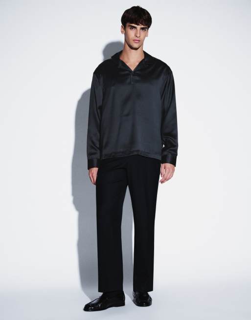 ASOS DESIGN oversized overhemd zonder sluiting van satijn in zwart, 2 van 5