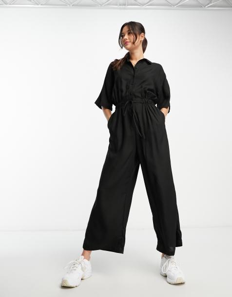 ASOS DESIGN - Oversized overhemdjumpsuit met gestrikte taille in zwart - view 1