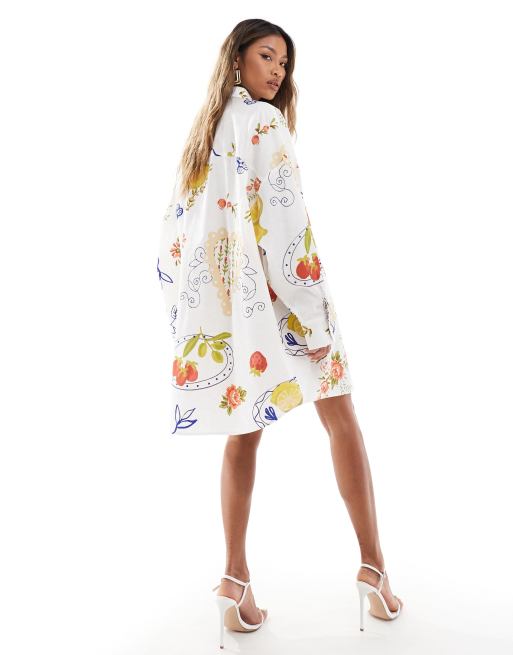 ASOS DESIGN - Oversized overhemdjurk met verlaagde zakken in ansichtkaartprint, 3 van 4