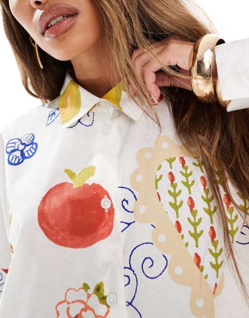 ASOS DESIGN - Oversized overhemdjurk met verlaagde zakken in ansichtkaartprint, 4 van 4