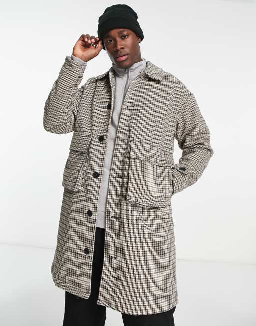 ASOS DESIGN - Oversized overjas van wolmix met zakken in bruine ruit 