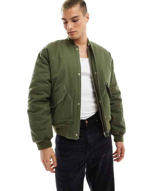 ASOS DESIGN oversized padded jacket in khaki with contrast stitch