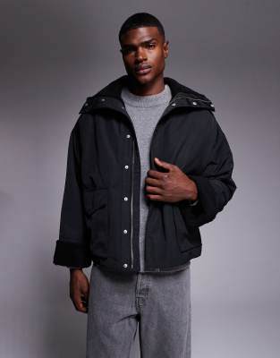 Asos Design Oversized Padded Jacket With Borg Lining In Black
