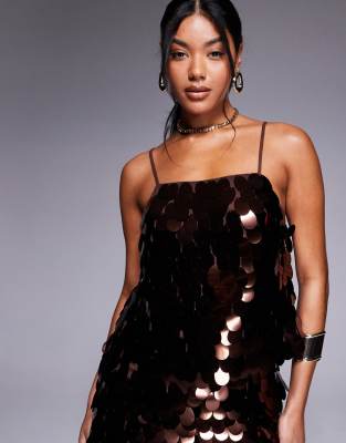 Asos Design Oversized Paillette Sequins Cami Top - Part Of A Set-brown