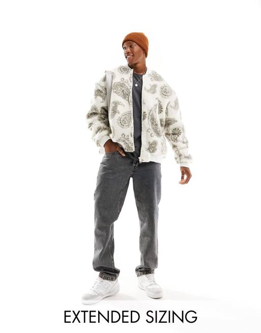 ASOS DESIGN oversized paisley borg bomber jacket in ecru