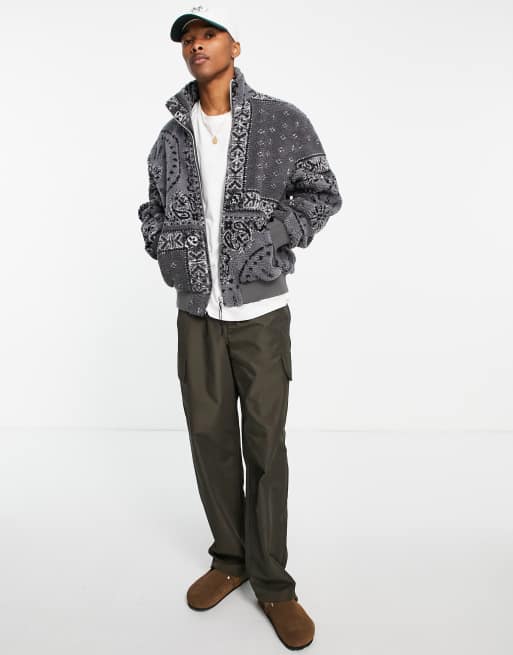ASOS DESIGN oversized paisley print borg bomber jacket in grey, 4 of 4
