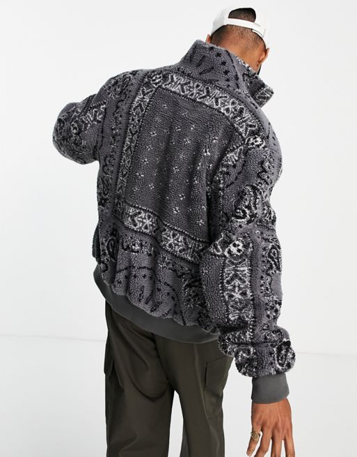 ASOS DESIGN oversized paisley print sherpa bomber jacket in gray