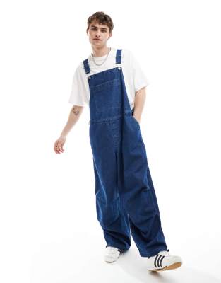 oversized parachute denim overalls in mid wash blue