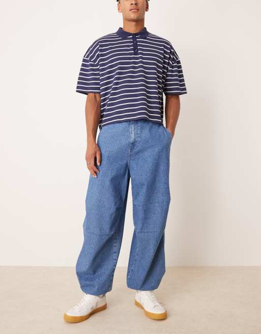 ASOS DESIGN oversized parachute jeans with drawstring and contrast stitch in mid wash blue
