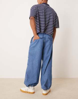 Asos Design Oversized Parachute Jeans With Drawstring And Contrast Stitch In Blue