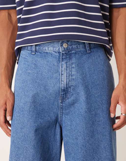 ASOS DESIGN oversized parachute jeans with drawstring and contrast stitch in mid wash blue