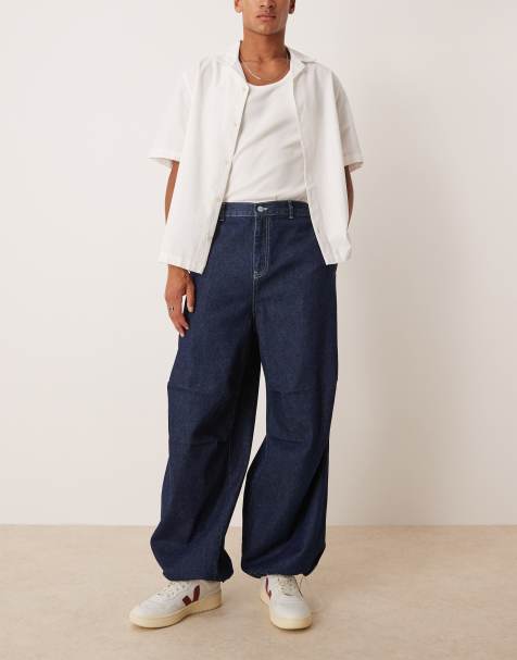 ASOS DESIGN oversized parachute jeans with drawstring and contrast stitch in raw wash - view 1
