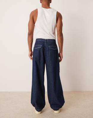 Asos Design Oversized Parachute Jeans With Drawstring And Contrast Stitch In Blue
