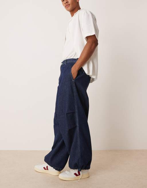 ASOS DESIGN oversized parachute jeans with drawstring and contrast stitch in raw wash