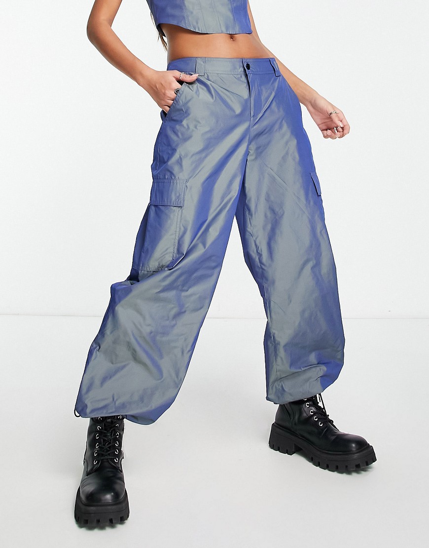 ASOS DESIGN oversized parachute trouser in iridescent blue co-ord