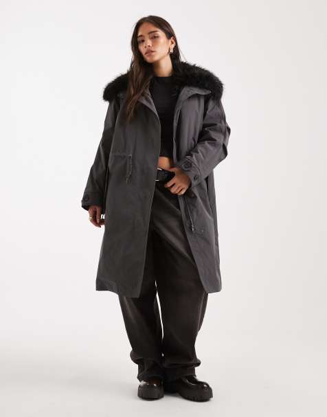 ASOS DESIGN oversized parka in charcoal with fur trim in black - view 1