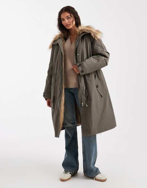 ASOS DESIGN oversized parka with brown faux fur trim in khaki - view 1