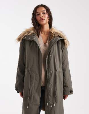 Asos Design Oversized Parka With Faux Fur Trim In Gray
