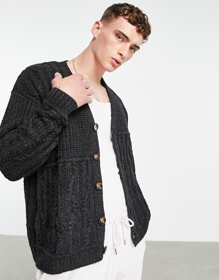 ASOS DESIGN oversized patchwork cable knit cardigan in gray-Grey