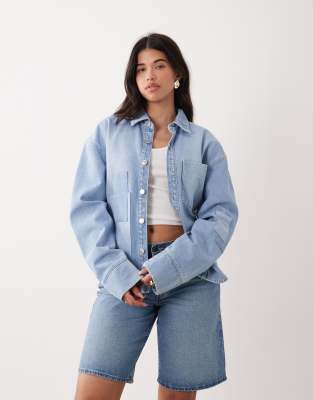 Asos Design Oversized Patchwork Denim Shacket In Blue