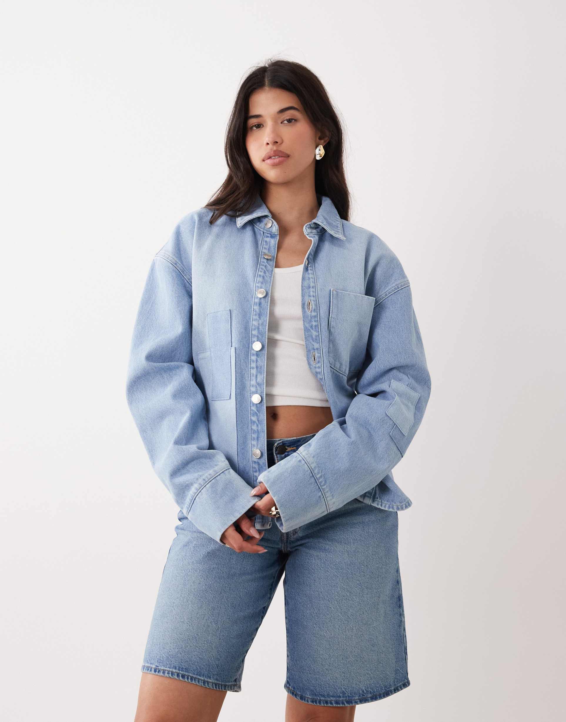 asos design oversized patchwork denim shacket in bleach wash