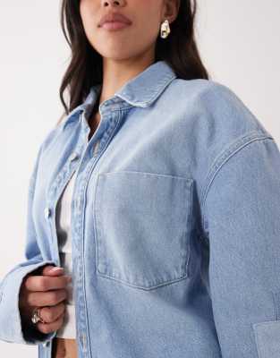 Asos Design Oversized Patchwork Denim Shacket In Blue