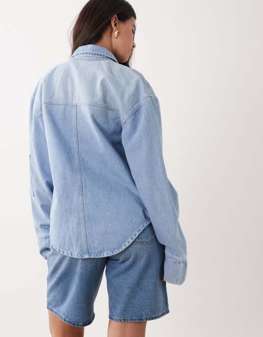 ASOS DESIGN oversized patchwork denim shacket in bleach wash, 4 of 4