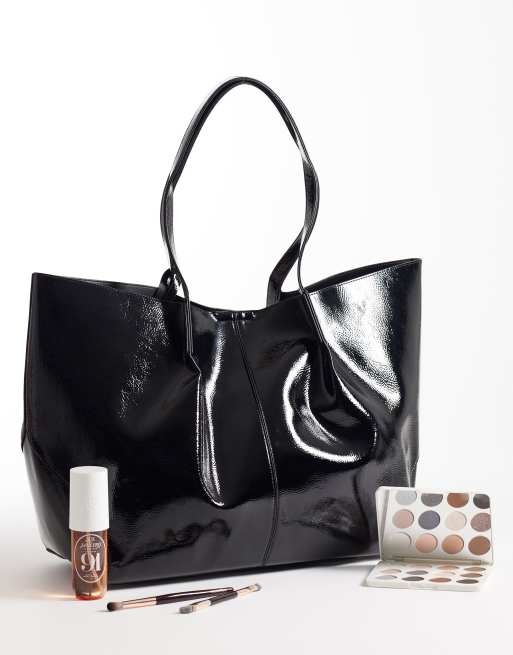 ASOS DESIGN oversized patent tote bag with zip pouch in black, 2 of 4