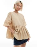[ASOS DESIGN] ASOS DESIGN oversized peplum short sleeve smock in linen-blend fabric in stone-Neutral 18 Stone