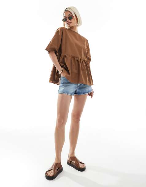 ASOS DESIGN oversized peplum short sleeve smock in linen blend in brown - view 1
