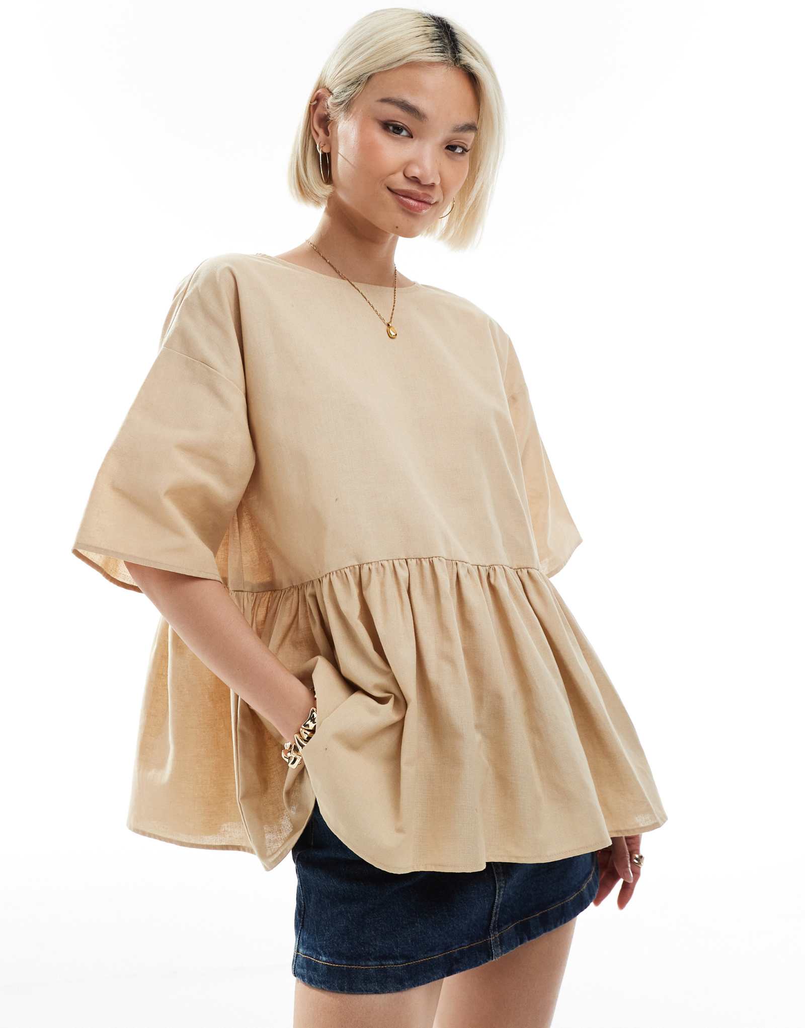 ДИЗАЙНЕРСКИЙ халат с баской и коротким рукавом оверсайз от ASOS из льна, сочетающегося с камнем