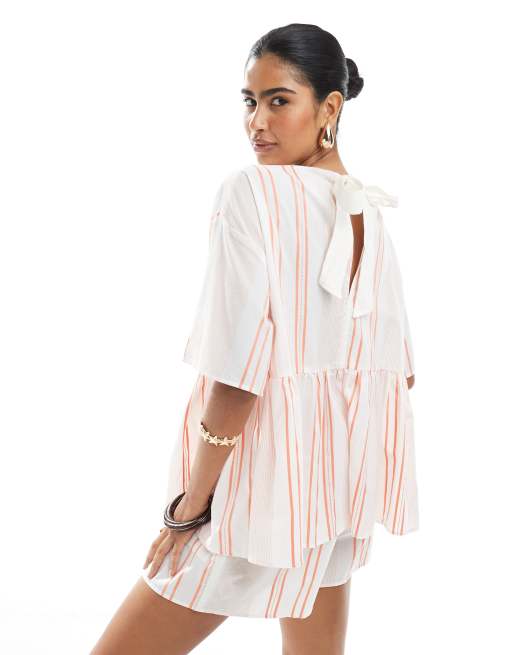 ASOS DESIGN oversized peplum short sleeve smock top in orange stripes - part of a set