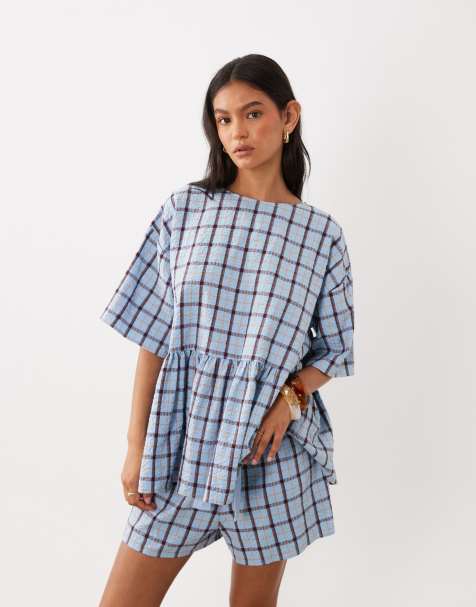 ASOS DESIGN - Oversized peplum-top med korte ærmer og blå tern - view 1