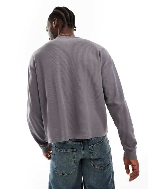 ASOS DESIGN oversized pigment dye long sleeved t-shirt with henley neck in charcoal, 4 of 4