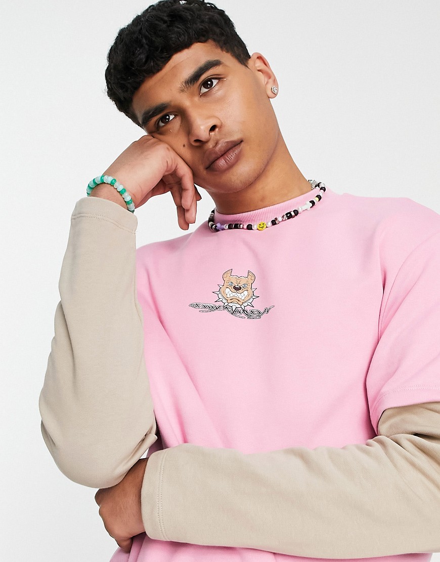 ASOS DESIGN oversized pink sweatshirt with double layer sleeve with cartoon print-Multi