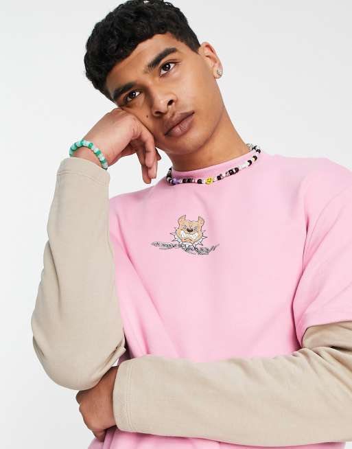 ASOS DESIGN oversized pink sweatshirt with double layer sleeve with cartoon print