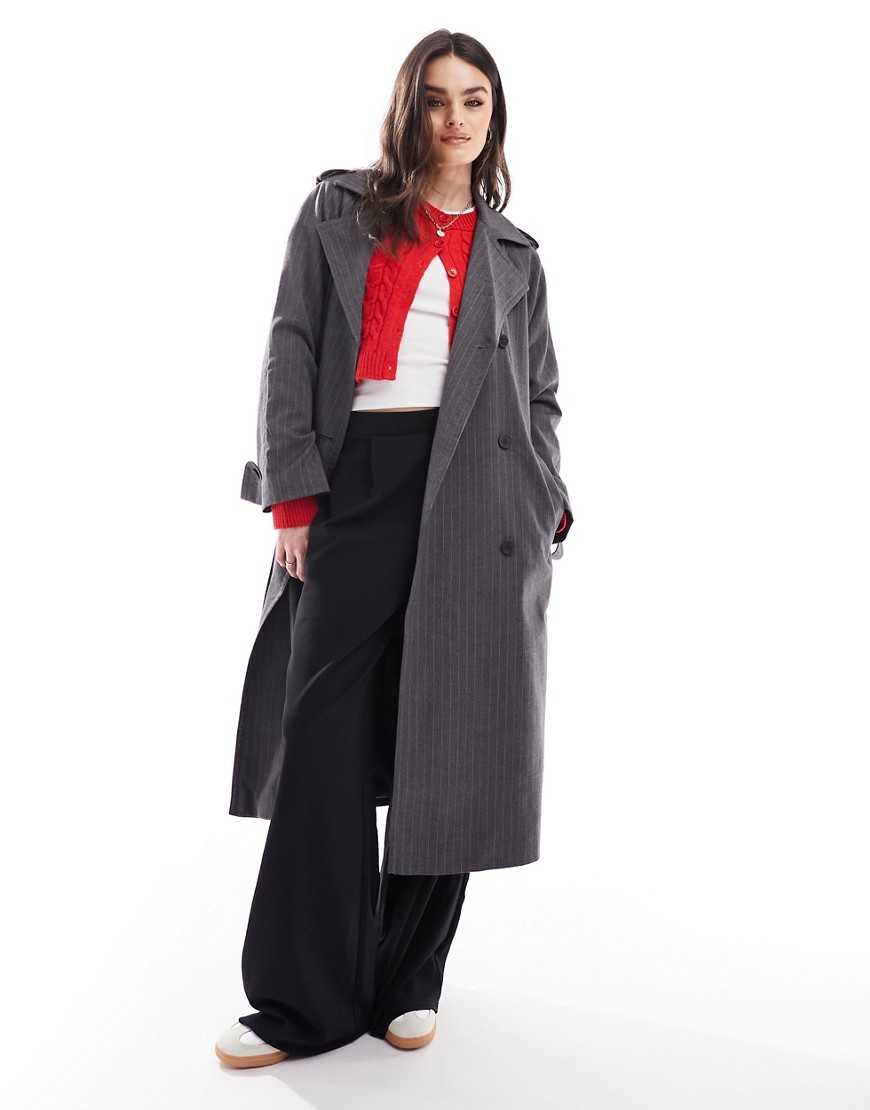 ASOS DESIGN oversized pinstripe trench coat in grey