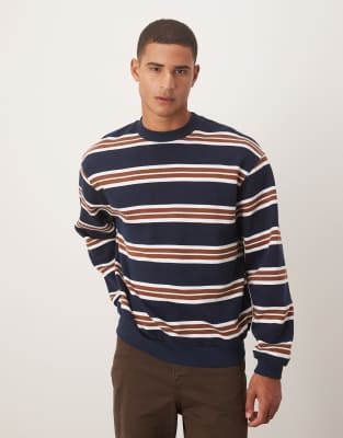 Asos Design Oversized Pinstriped Crew Neck Sweatshirt In Blue