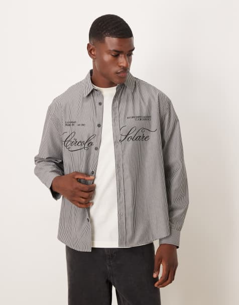 ASOS DESIGN oversized pinstriped shirt with print in brown - view 1