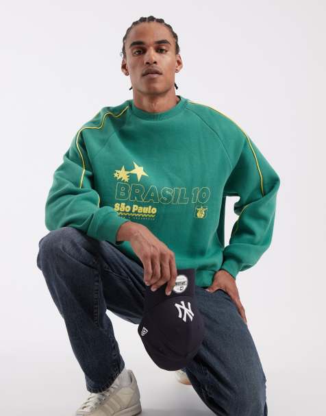 ASOS DESIGN oversized piping crew sweatshirt with Brasil print in green - view 1