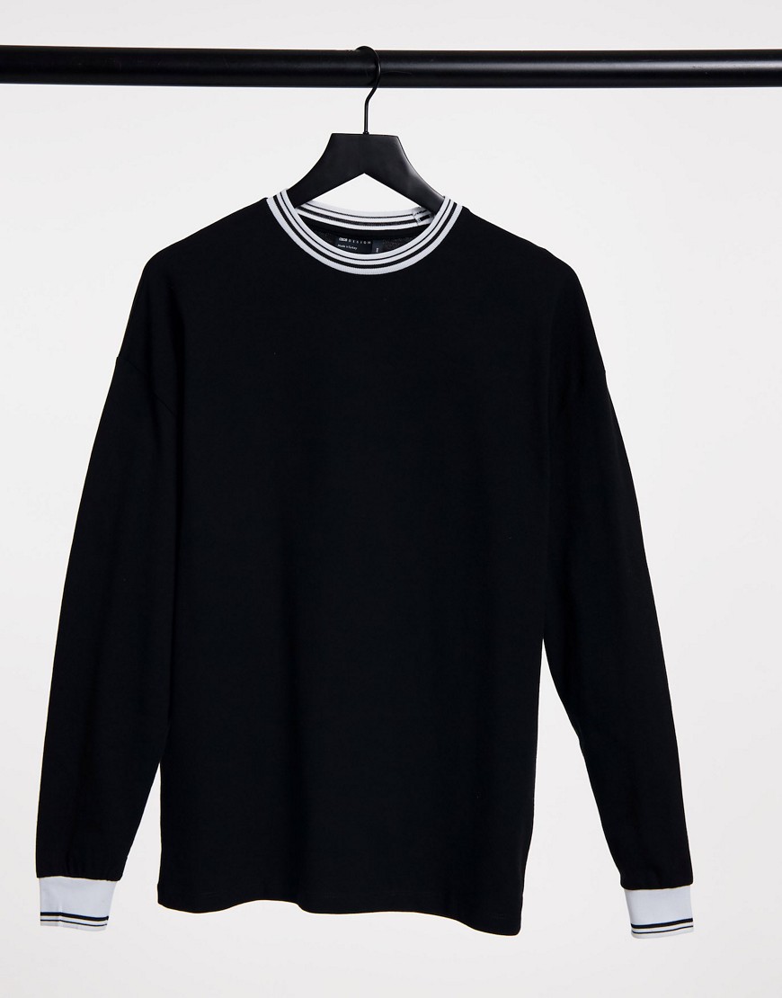 ASOS DESIGN oversized pique long sleeve t-shirt with contrast tipping in black