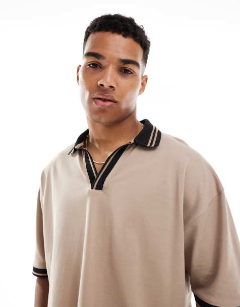 ASOS DESIGN oversized pique polo with contrast collar and hem detail in stone - view 1