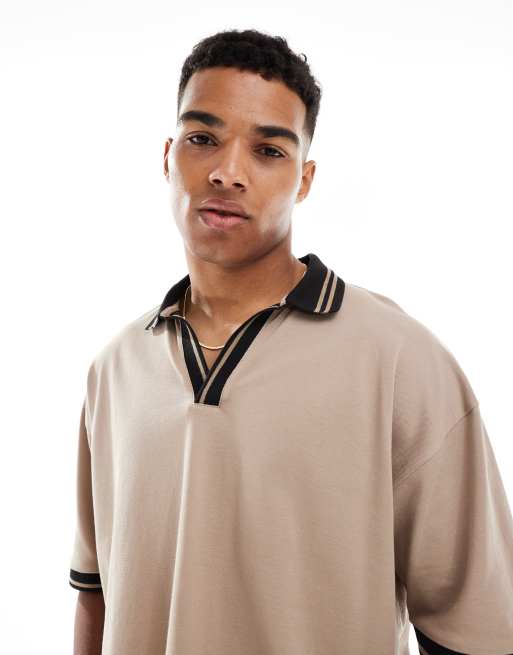 ASOS DESIGN oversized pique polo with contrast collar and hem detail in stone
