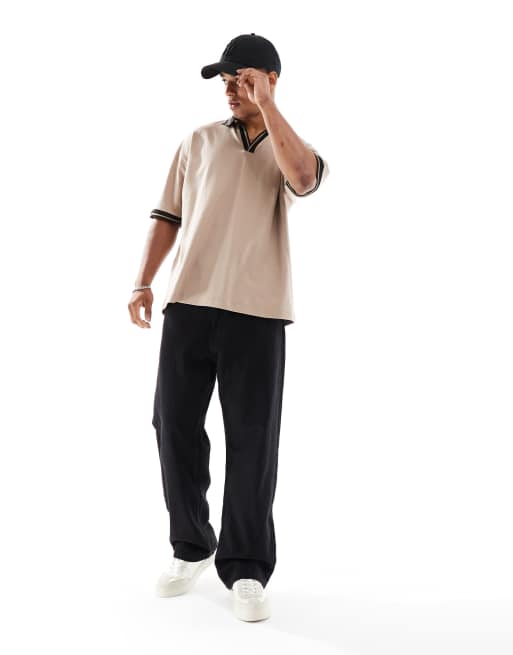 ASOS DESIGN oversized pique polo with contrast collar and hem detail in stone