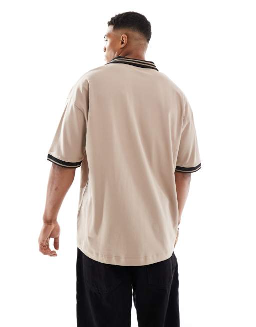 ASOS DESIGN oversized pique polo with contrast collar and hem detail in stone
