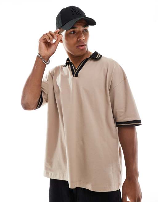 ASOS DESIGN oversized pique polo with contrast collar and hem detail in stone