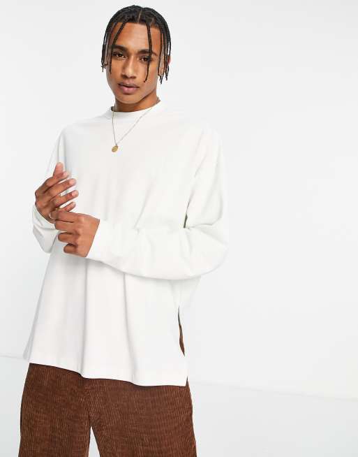 ASOS DESIGN - Oversized piqué T-shirt met lange mouwen en zijsplitten in beige