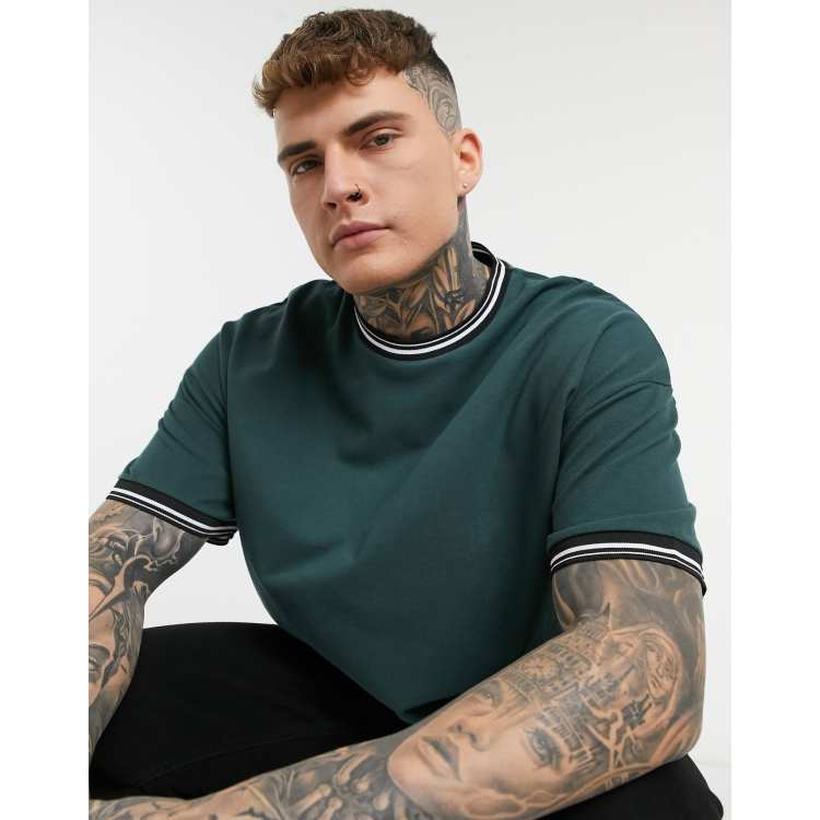 ASOS DESIGN oversized pique t-shirt with tipping in dark green